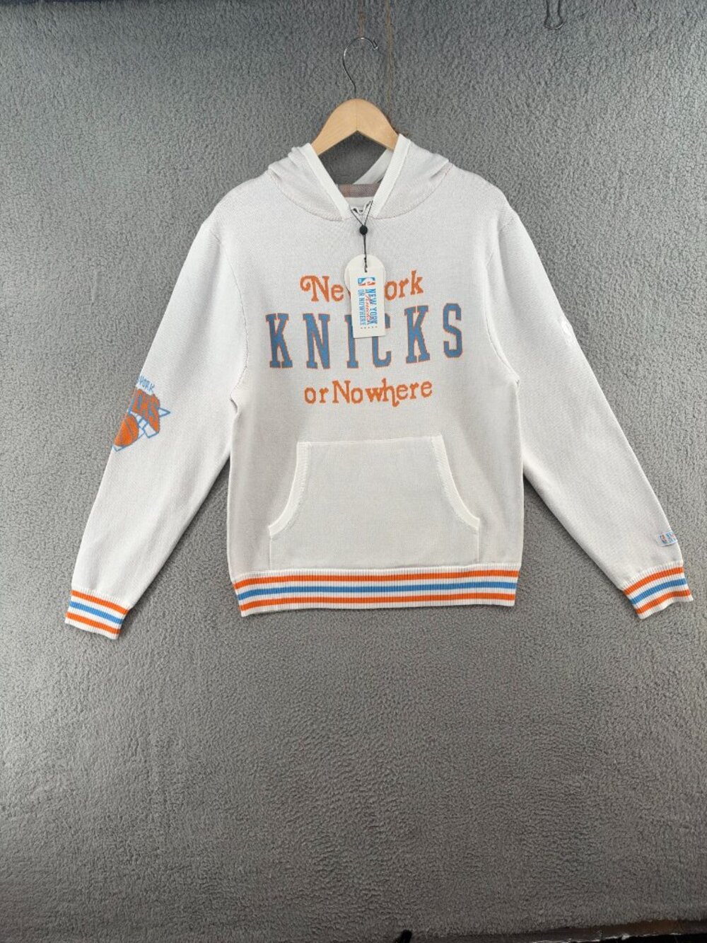 New York or Nowhere Knicks Stacked Knit Hoodie Cream NWT S